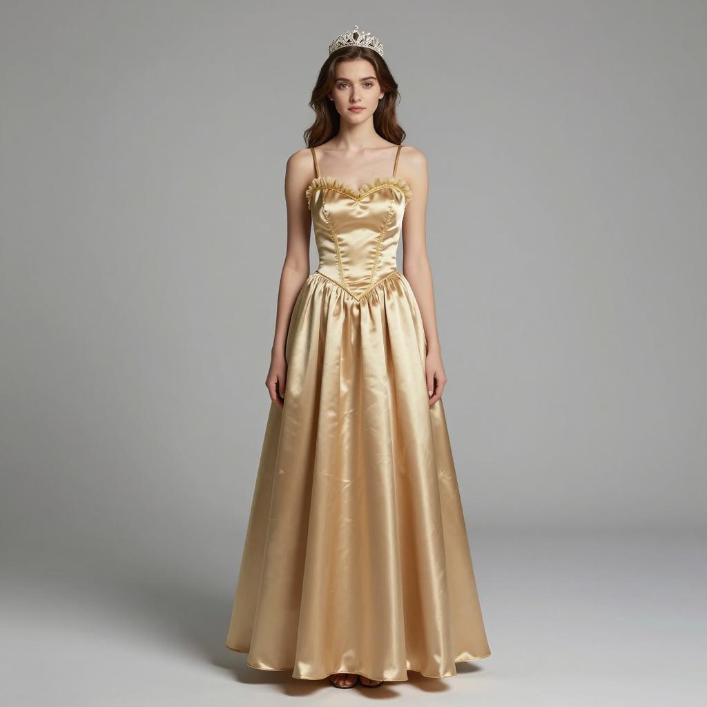 Elegant Young Woman in Golden Satin Evening Gown with Tiara