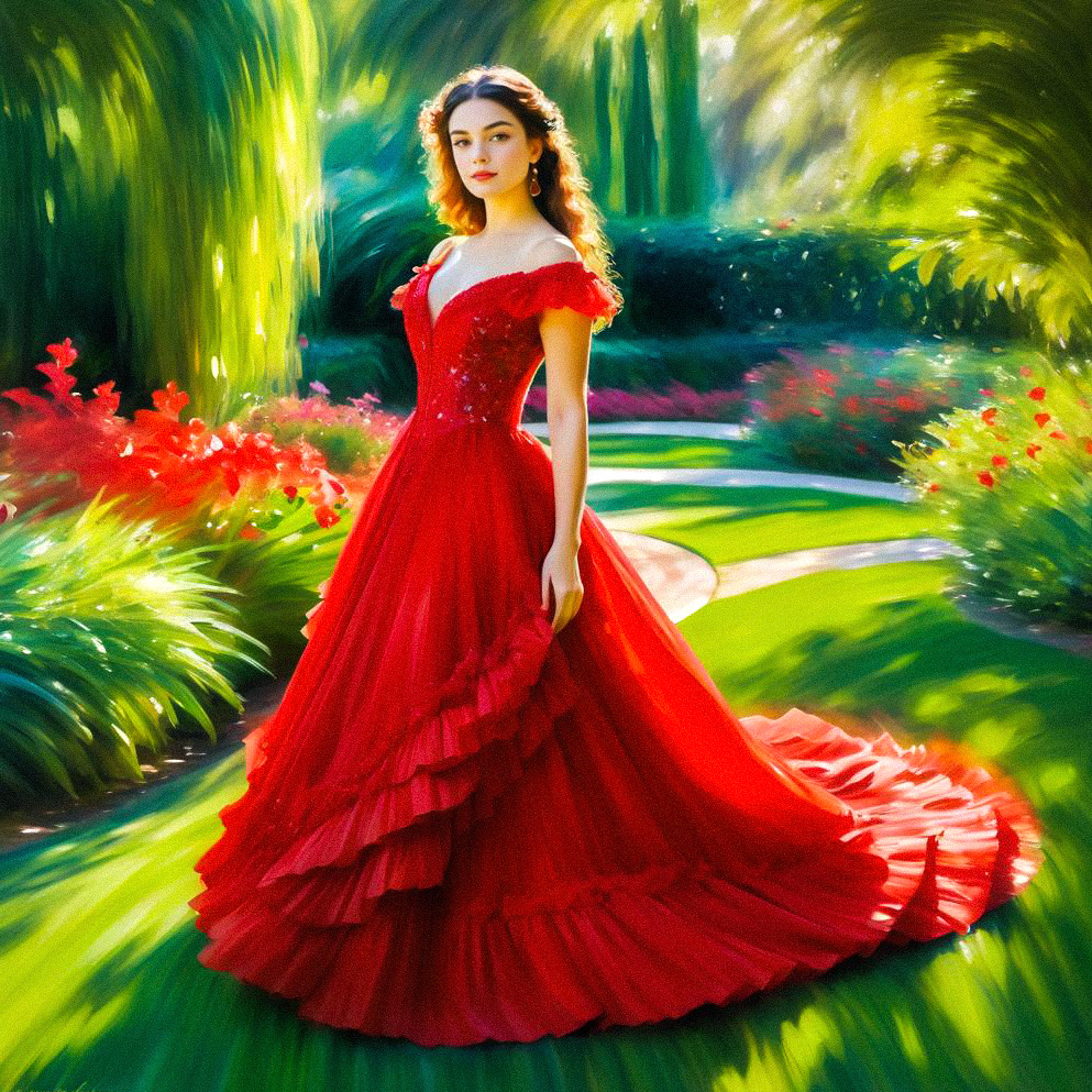 Elegant Woman in Red Gown in Vibrant Garden