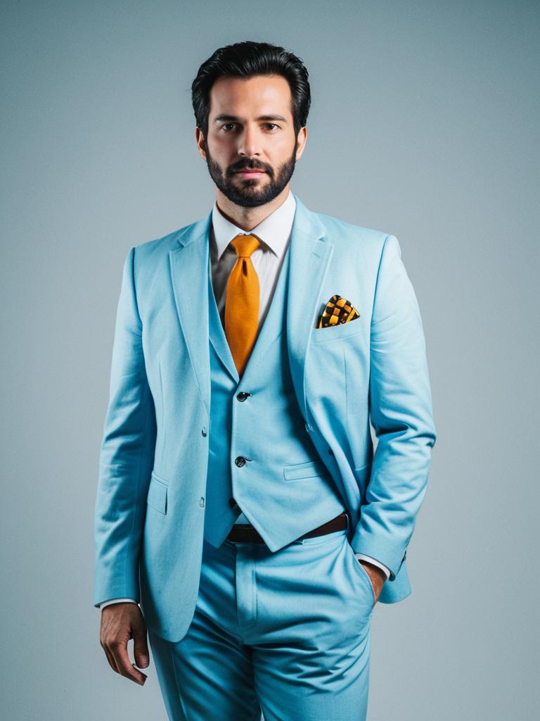 Man in Light Blue Suit with Mustard Yellow Tie Professional Cosplay Studio Portrait