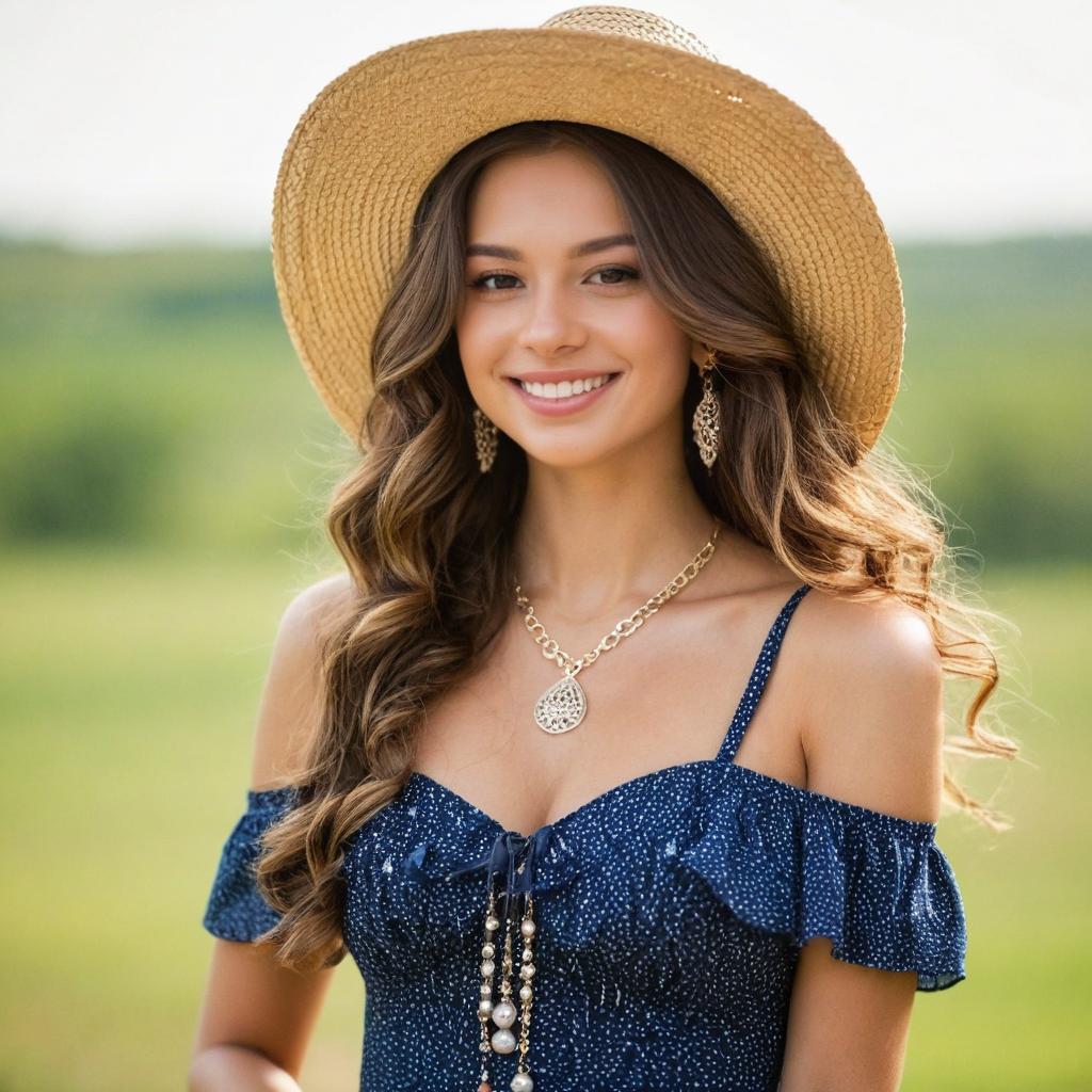 Smiling Woman in Straw Hat and Blue Off-Shoulder Dress Outdoors