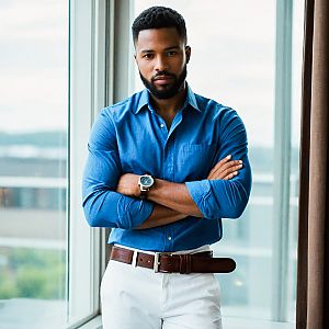 Confident Man by Window in Blue Shirt