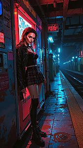 Confident Young Woman in Cyberpunk Subway