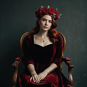 Red-Haired Woman in Velvet Dress with Rose Crown on Vintage Chair