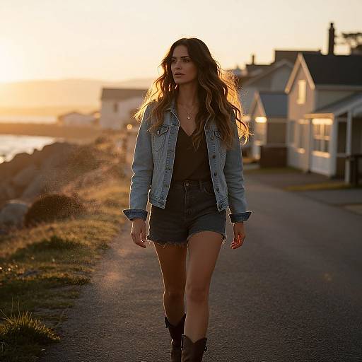 Young Woman Walking on Coastal Path at Golden Hour in Denim Jacket and Shorts