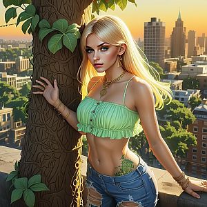 Young Woman Portrait at Sunset with Tree and Cityscape
