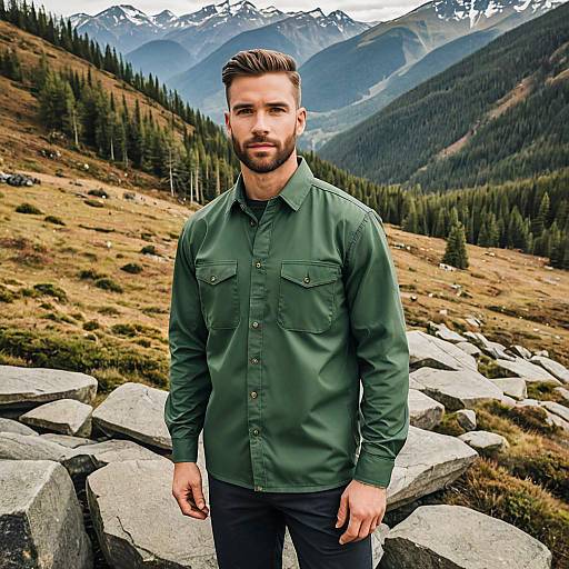 Man in Green Shirt Posing Outdoors Amid Mountain Landscape