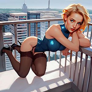 Seductive Blonde Woman on City Balcony