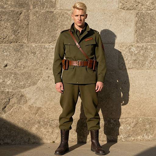 Man in Vintage Olive Green Military Uniform against Stone Wall