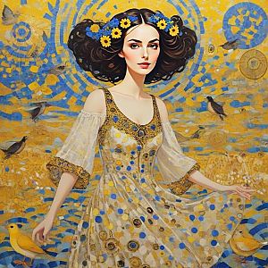Joyful Young Woman in Vibrant Yellow Dress with Floral Crown