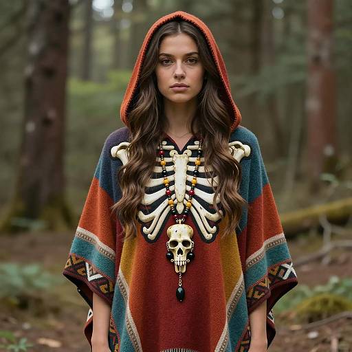 Woman Wearing Colorful Hooded Poncho with Skeleton Design and Skull Necklace in Forest