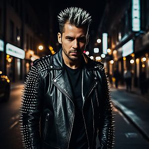 Confident Man in Punk Rock Style at Night