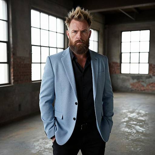 Stylish Man Wearing Blue Blazer in Industrial Loft Setting