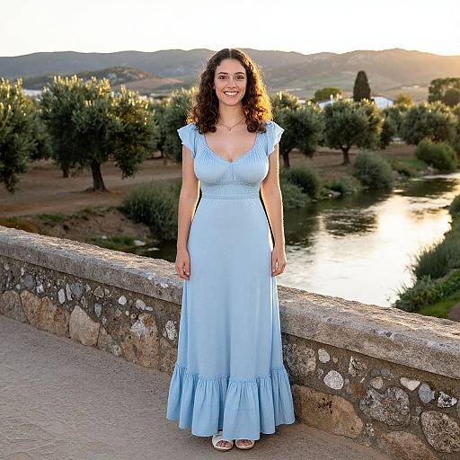 Woman in Light Blue Dress Standing on Stone Bridge by River and Olive Grove