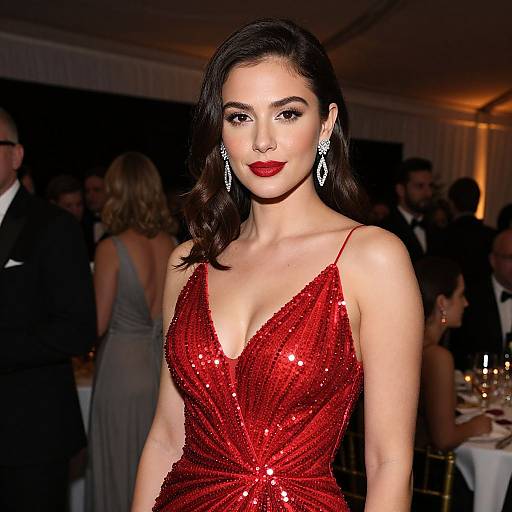 Elegant Woman in Red Sequin Dress at Formal Event