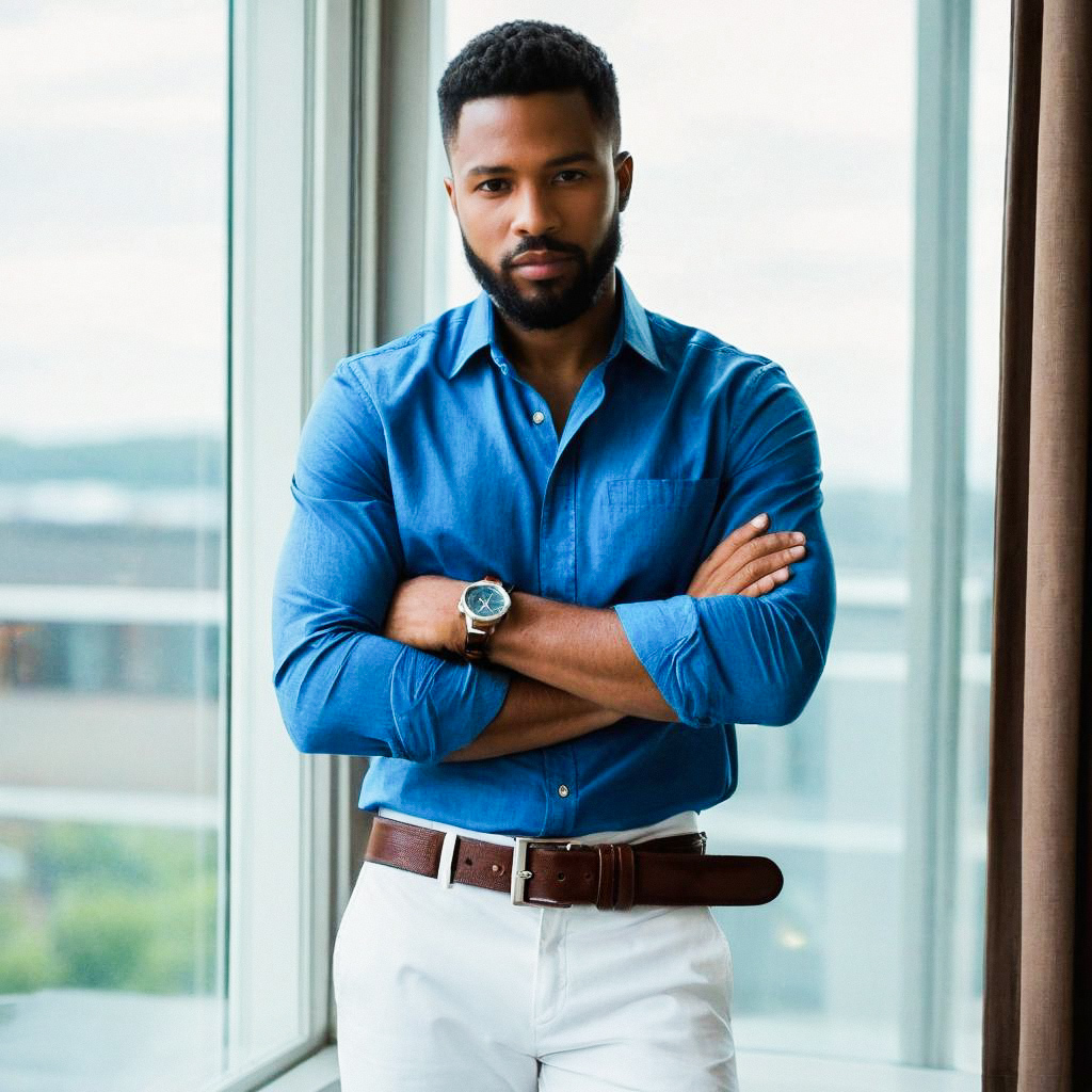 Confident Man by Window in Blue Shirt