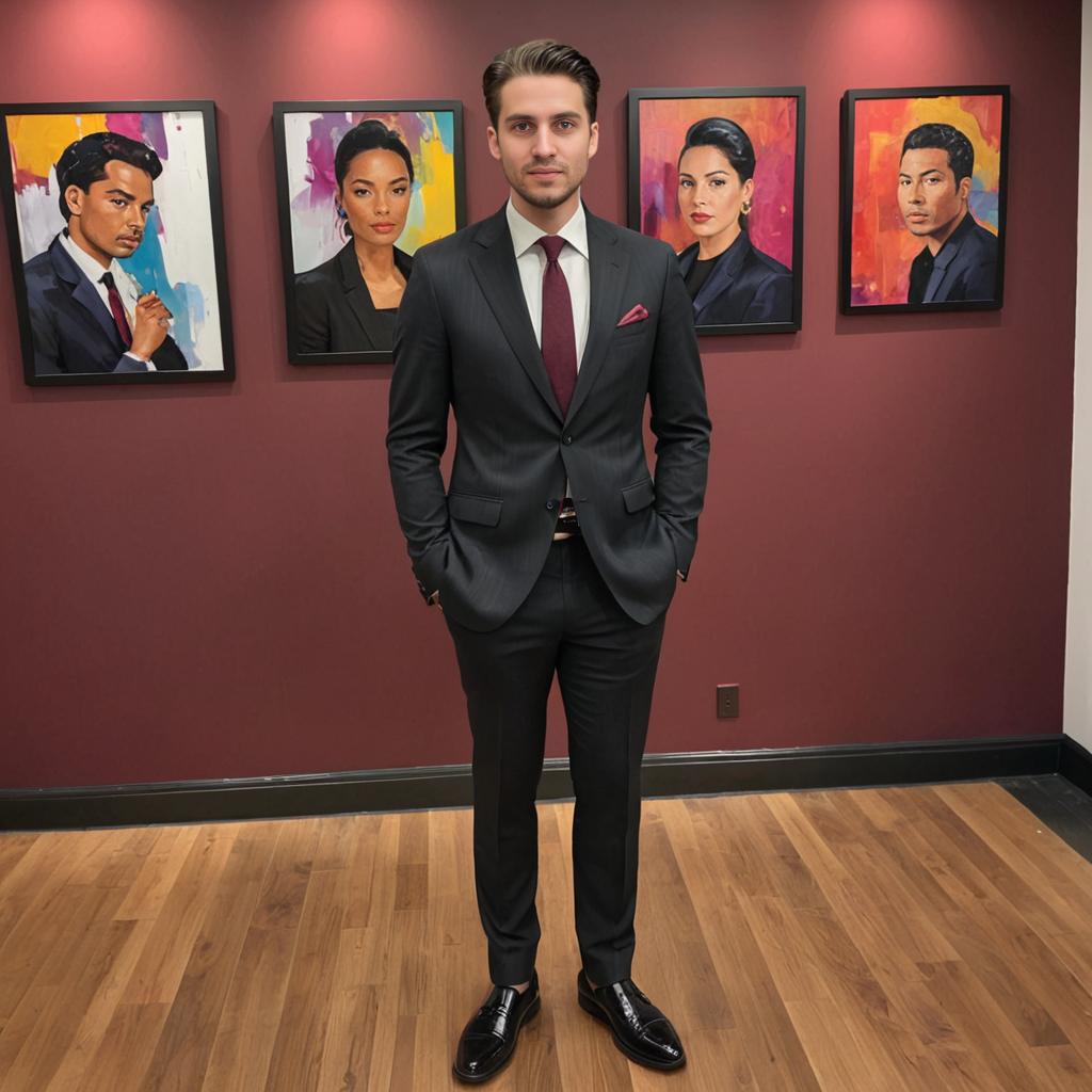 Confident Man in Sharp Suit Before Colorful Portraits