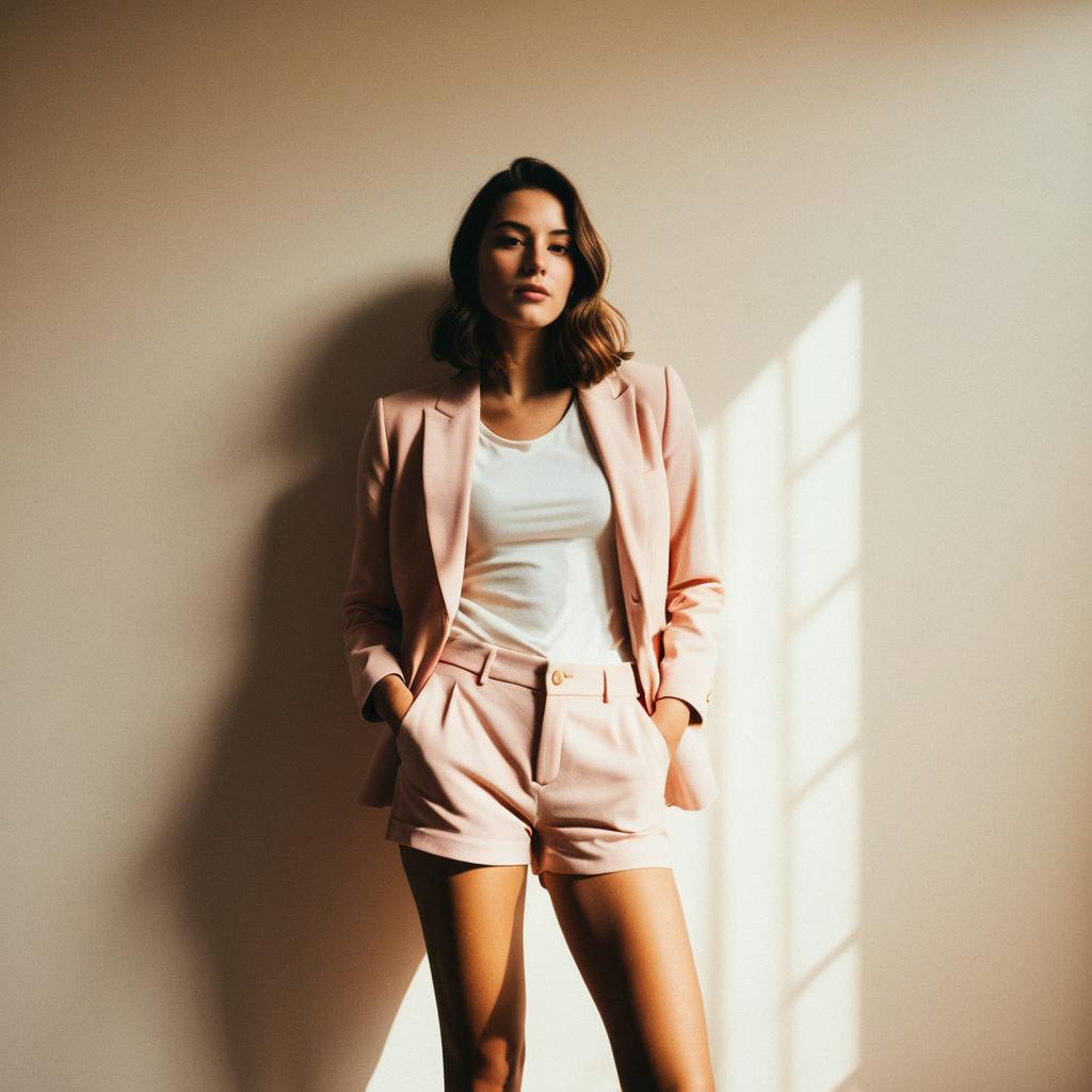 Confident Woman in Pastel Pink Blazer and Shorts Standing in Natural Light