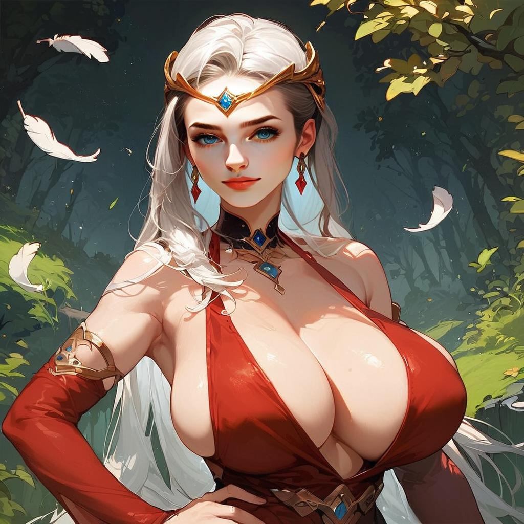 Anime Fantasy Woman with White Hair in Red Outfit Digital Artwork