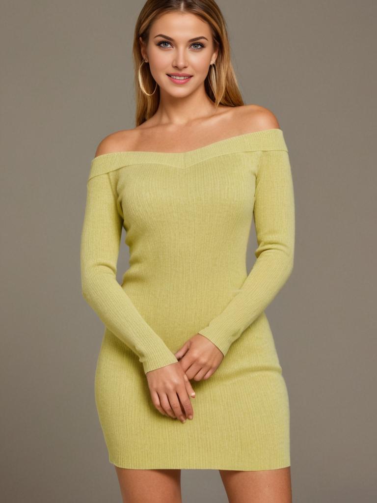 Young Woman in Chic Off-the-Shoulder Green Dress