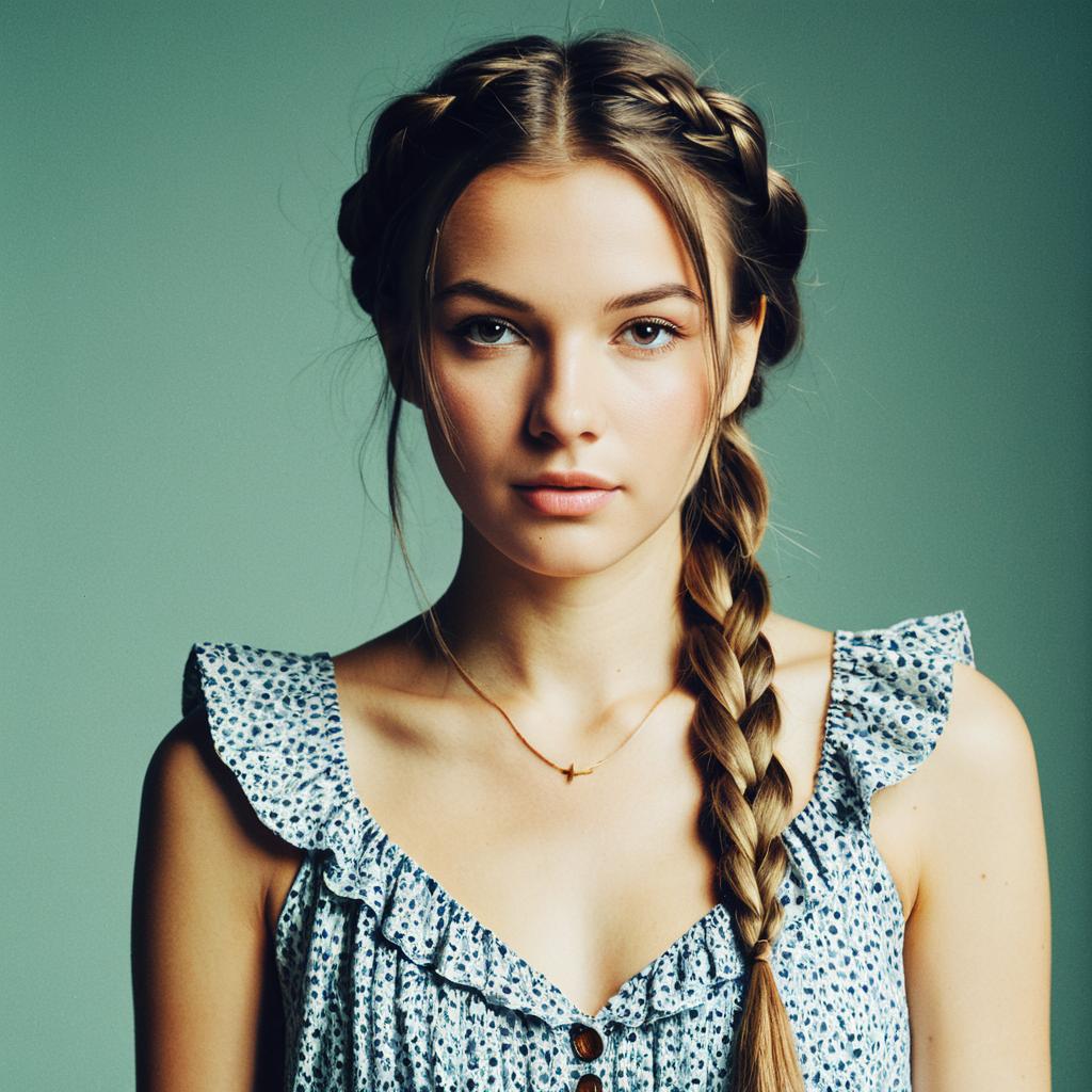 Portrait of Young Woman with Braided Hair in Floral Dress