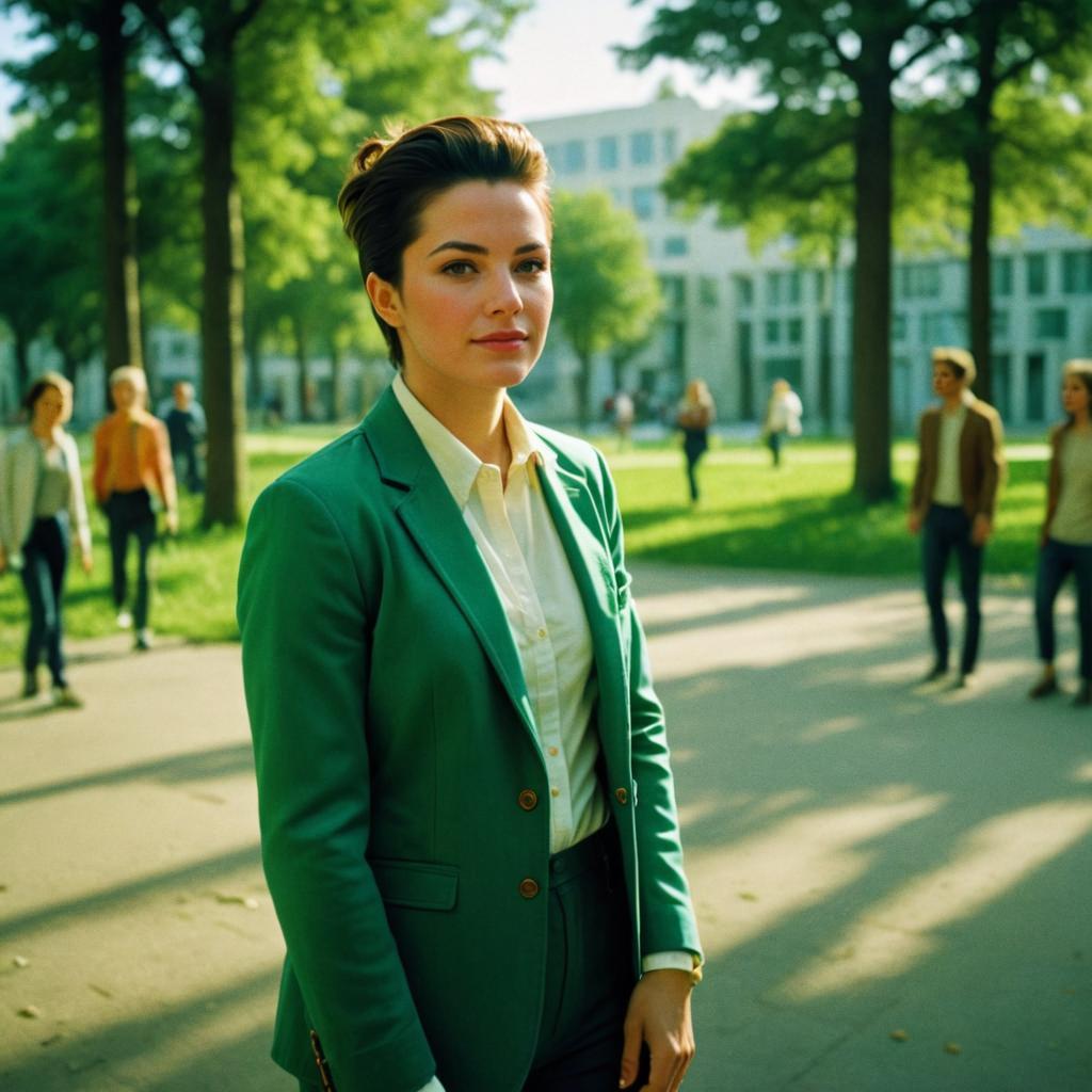 Confident Woman in Green Blazer in Urban Park