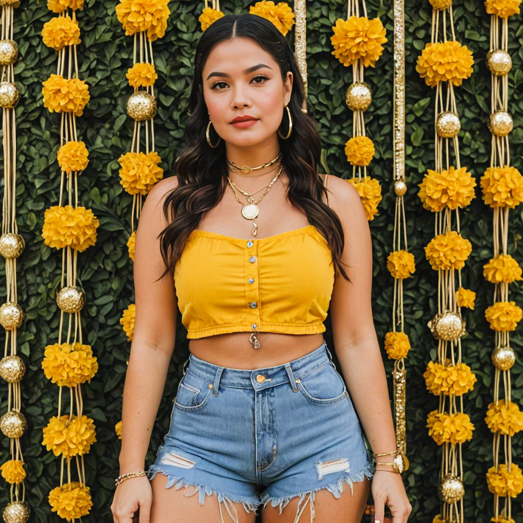 Young Woman in Yellow Crop Top and Denim Shorts with Floral Backdrop