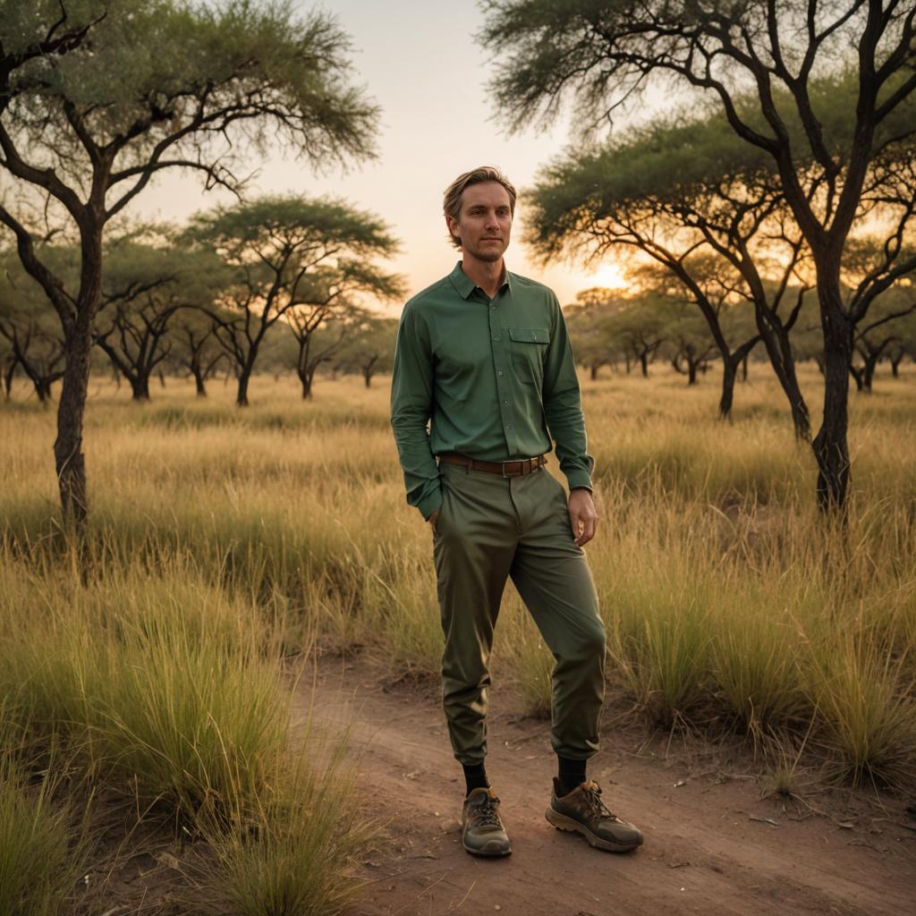 Man in Earthy Tones in Serene Savannah at Sunset