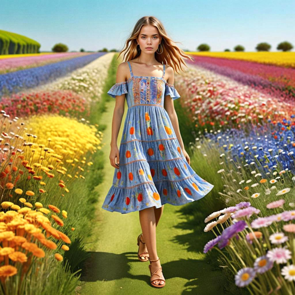 Woman in Blue Dress in Flower Field