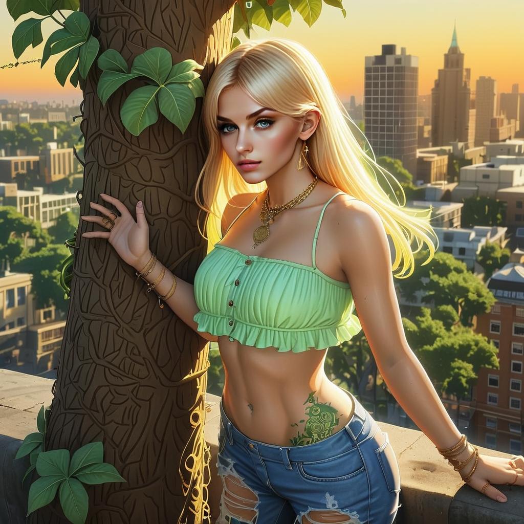 Young Woman Portrait at Sunset with Tree and Cityscape Young Woman Portrait at Sunset with Tree and Cityscape
