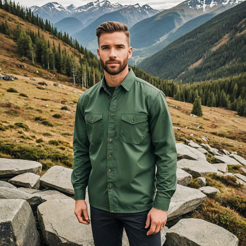 Man in Green Shirt Posing Outdoors Amid Mountain Landscape
