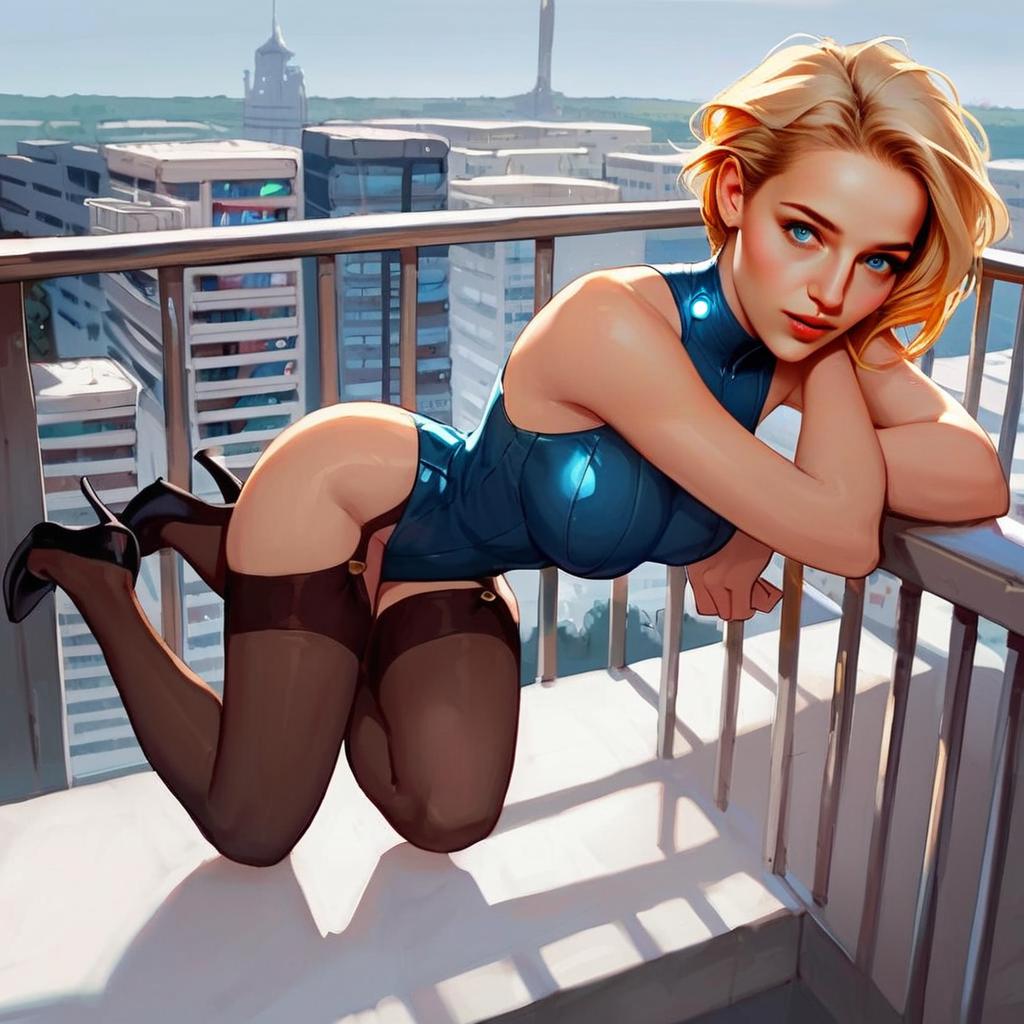 Seductive Blonde Woman on City Balcony