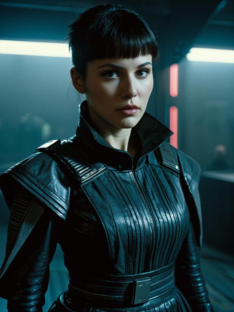Woman in Blade Runner Joi Costume with Cinematic Realism in Futuristic Studio