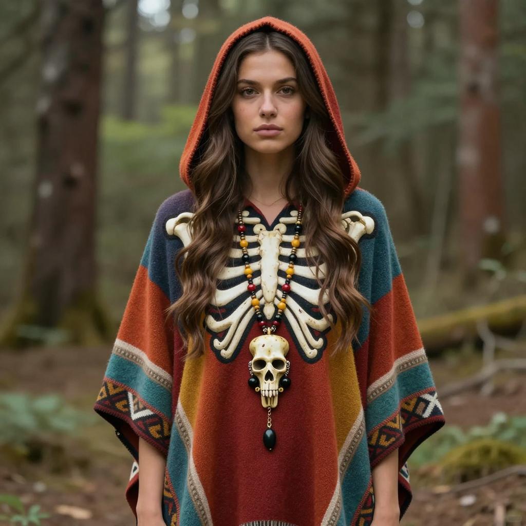 Woman Wearing Colorful Hooded Poncho with Skeleton Design and Skull Necklace in Forest