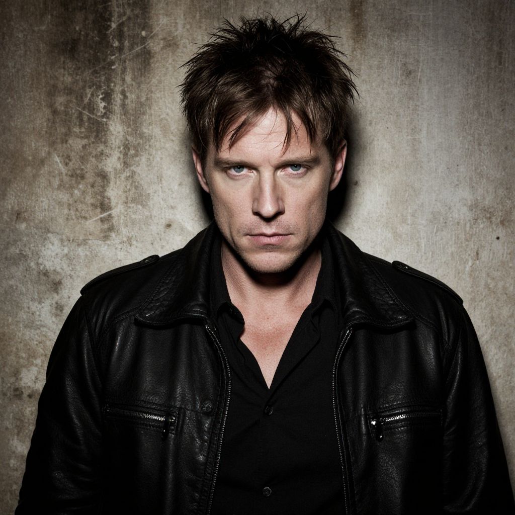 Intense Male Portrait in Black Leather Jacket Against Textured Wall