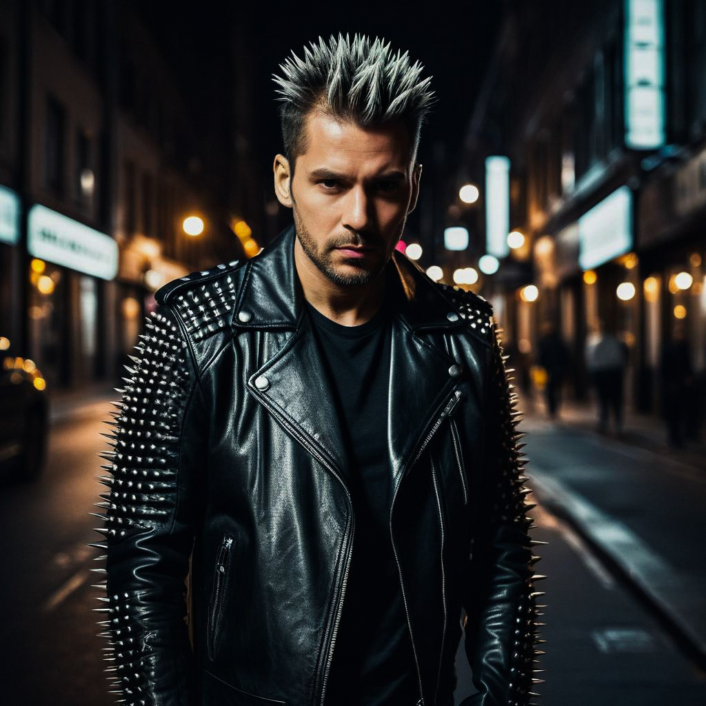 Confident Man in Punk Rock Style at Night