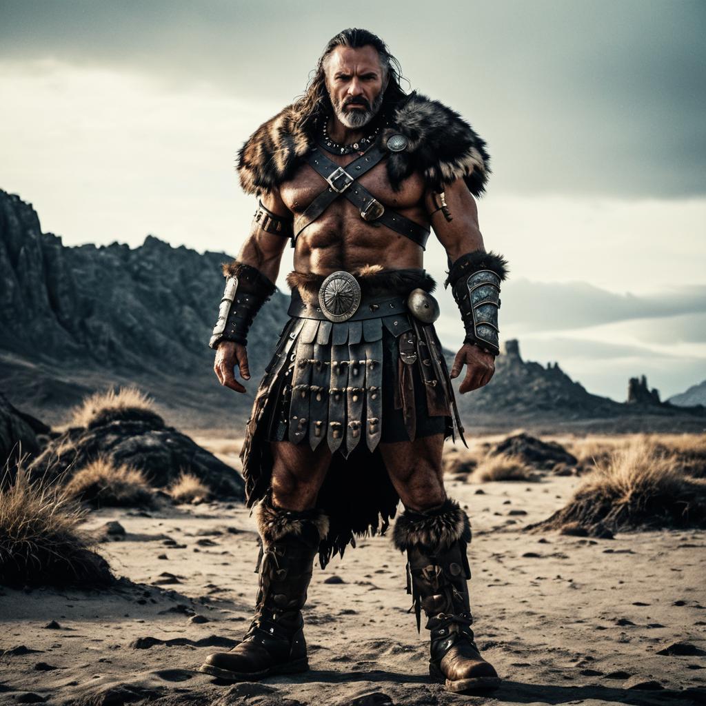Muscular Ancient Warrior with Fur and Leather Armor in Rocky Landscape