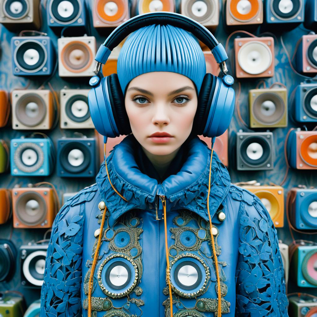 Young Woman in Blue Outfit with Headphones and Colorful Speakers