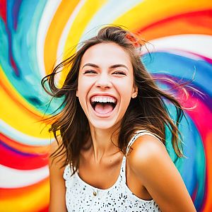 Joyful Woman Laughing in Front of Colorful Mural
