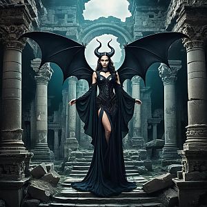 Powerful Woman in Ancient Temple with Black Wings