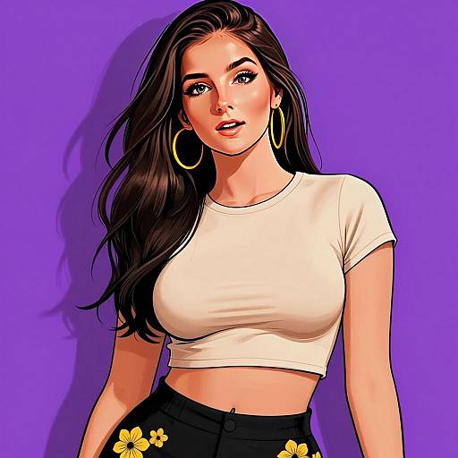 Modern Digital Illustration of a Woman with Flowered Pants and Hoop Earrings
