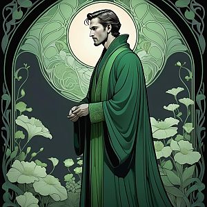 Elegant Man in Green Robe with Floral Patterns