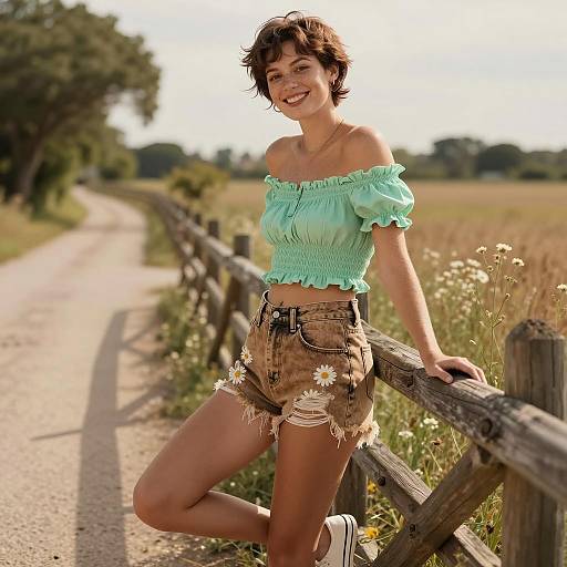 Smiling Gen Z Woman Wearing Mint Green Crop Top and Distressed Daisy Denim Shorts Outdoors