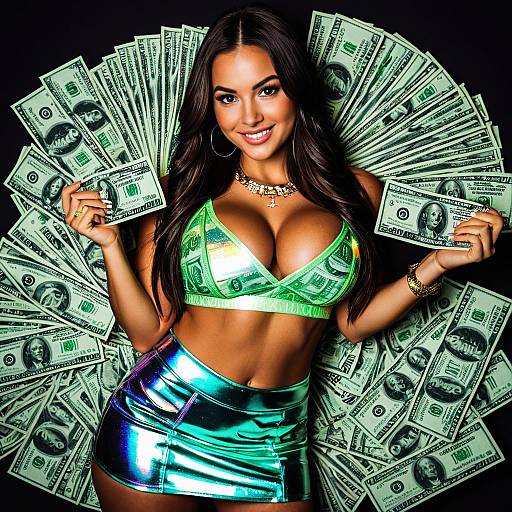 Glamorous Woman Posing with Stack of US Dollar Bills in Shiny Outfit
