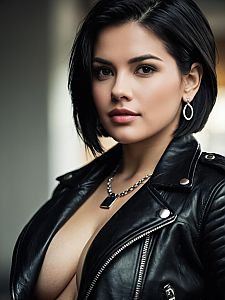 Confident Woman in Black Leather Jacket with Silver Accessories
