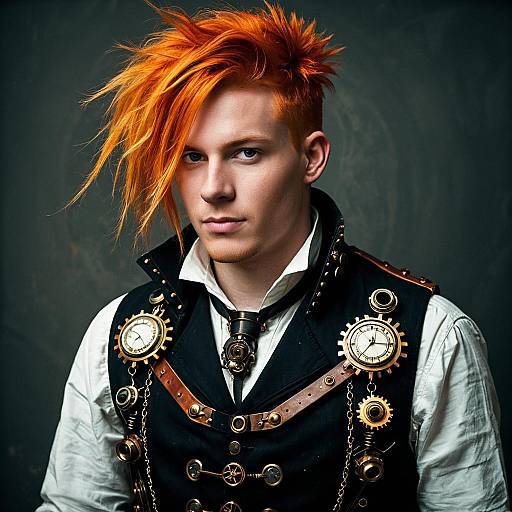 Young Man in Steampunk Outfit with Bright Orange Hair