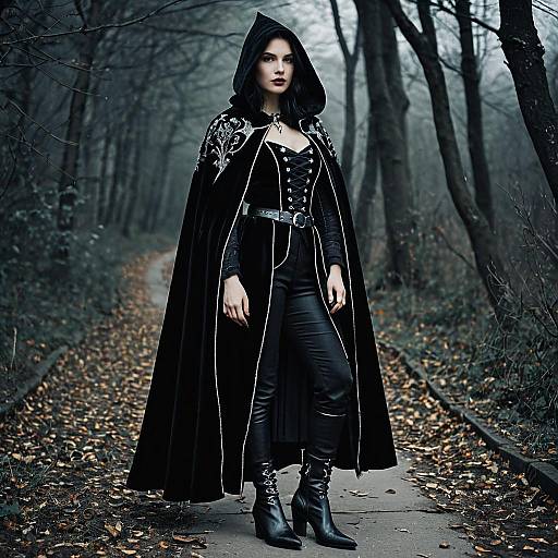 Gothic Woman in Embroidered Velvet Cloak on Forest Path