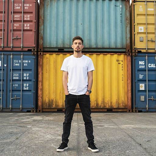 Young Man Standing in Front of Colorful Shipping Containers in Casual Streetwear