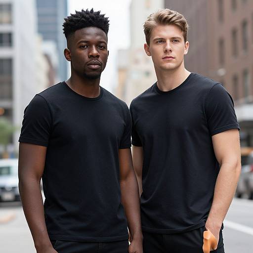 Two Men Wearing Black T-Shirts in Urban Street Style