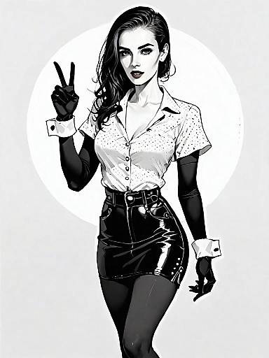 Monochrome Realistic Comic Style Woman Full Body Chic Fashion Illustration