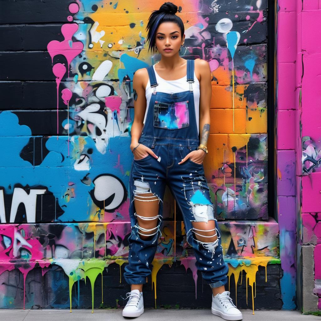 Young Woman in Ripped Overalls Against Graffiti Wall